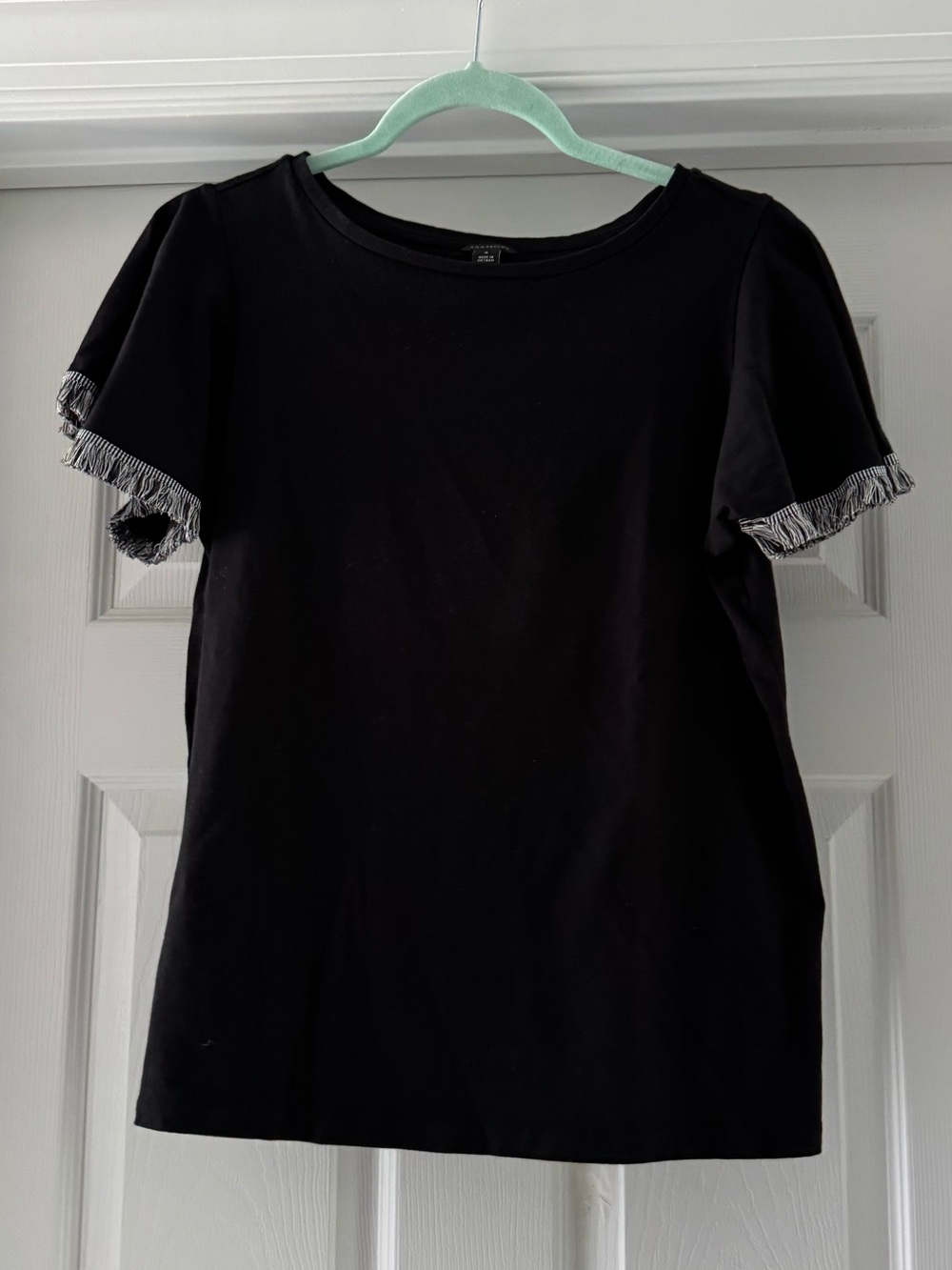 Banana Republic Black Short Sleeve Top with Striped Fringe Sleeves